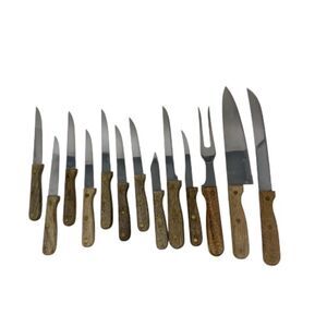 Wooden handled Knives Stainless Steel 14 Pieces vintage 1960s 1970s